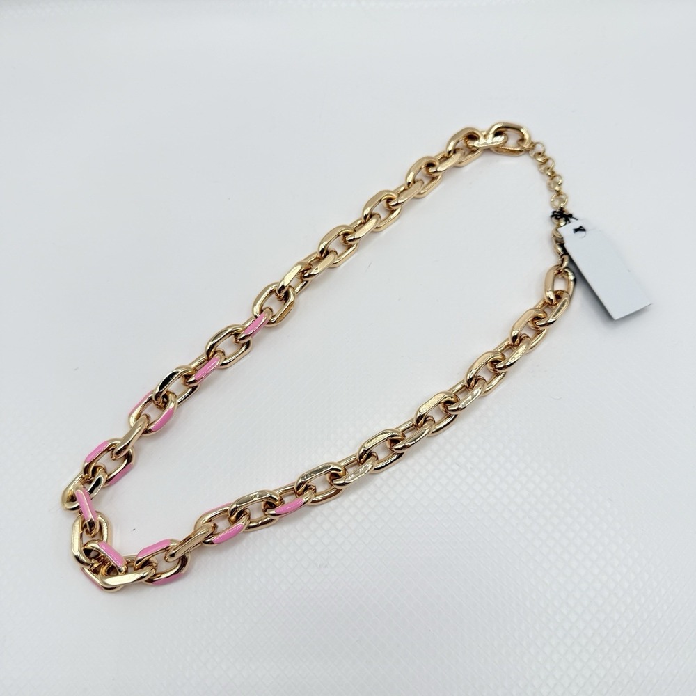 Thalia Sodi Chunky Gold Tone 19" Chain Statement Necklace w/ Pink Enamel - Picture 5 of 7
